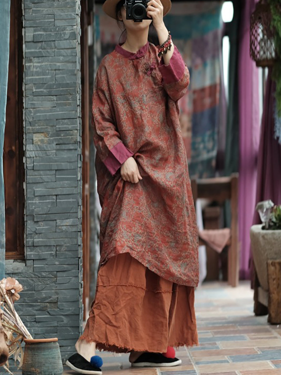 Women Autumn Vintage Floral Spliced Ramie Dress