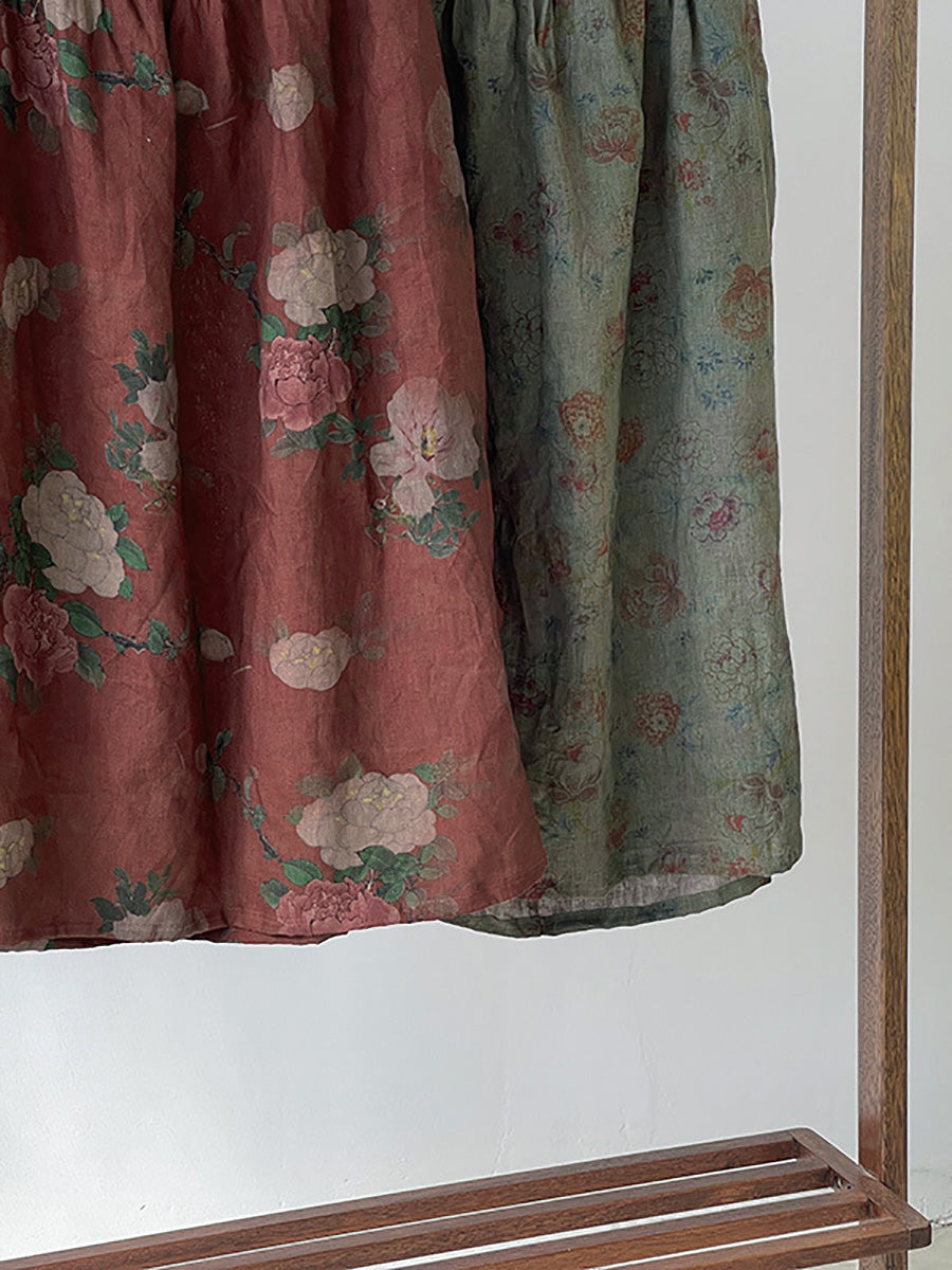 Plus Size Women Summer Vintage Flower Loose 100%Linen Skirt