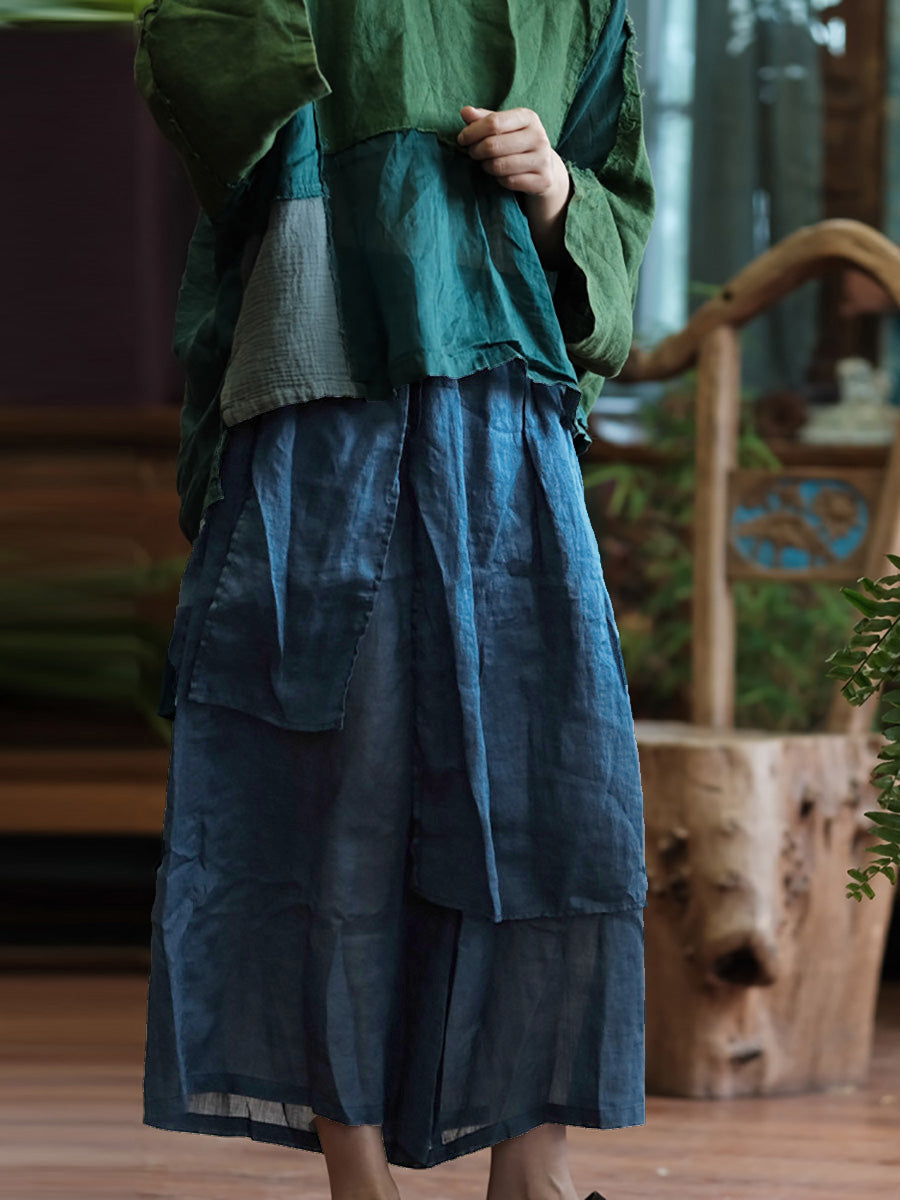 Plus Size Women Summer Vintage Solid Spliced Ramie Wide-leg Pants