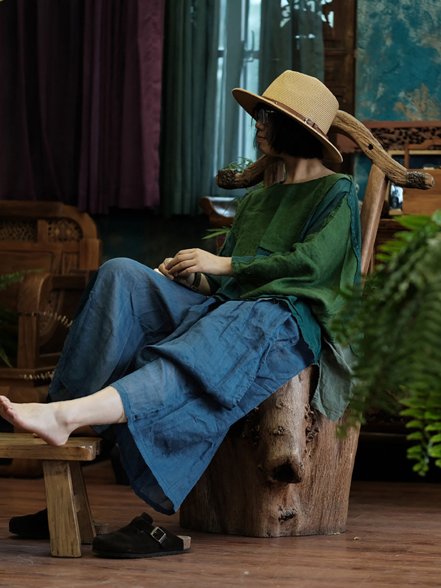 Plus Size Women Summer Vintage Solid Spliced Ramie Wide-leg Pants