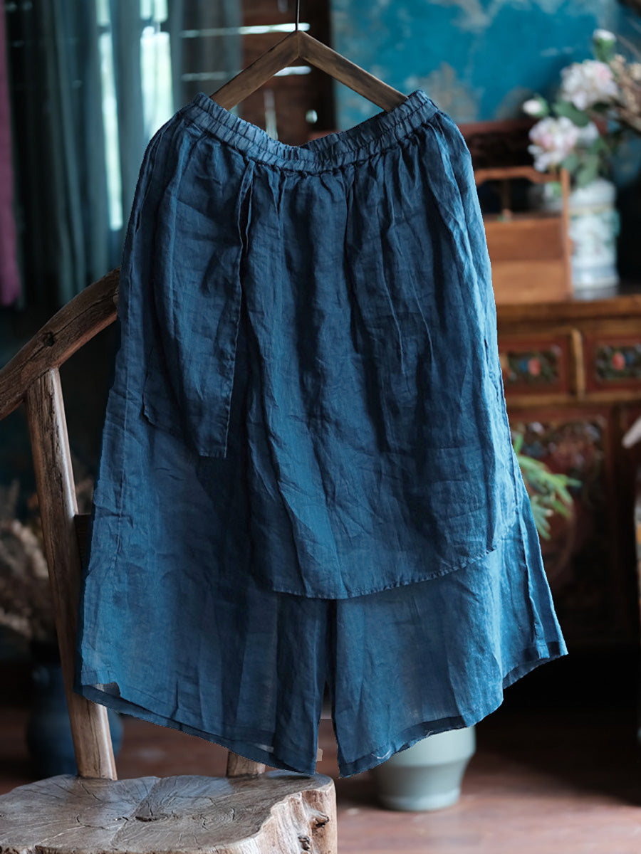Plus Size Women Summer Vintage Solid Spliced Ramie Wide-leg Pants