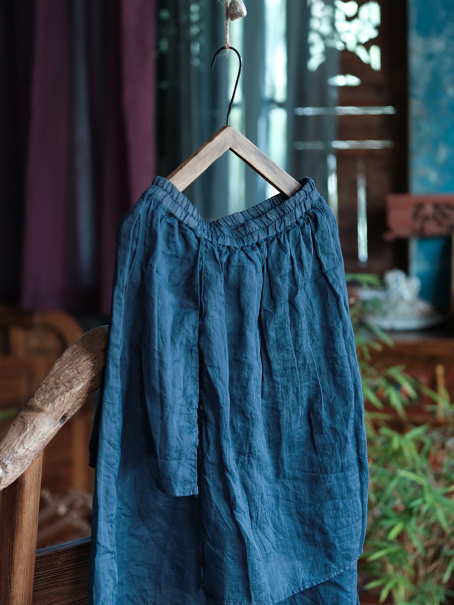 Plus Size Women Summer Vintage Solid Spliced Ramie Wide-leg Pants