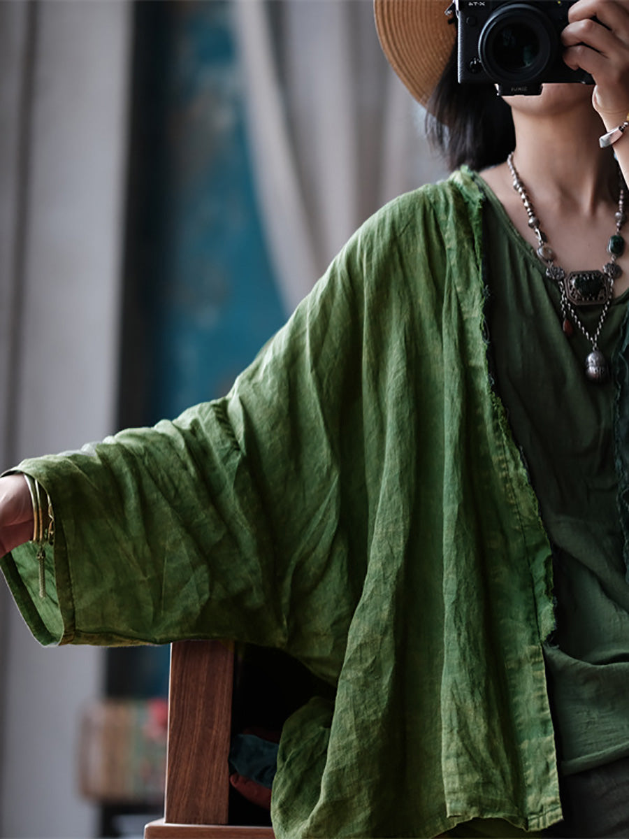 Women Summer Retro Worn Raw-edge Ramie Shirt Coat