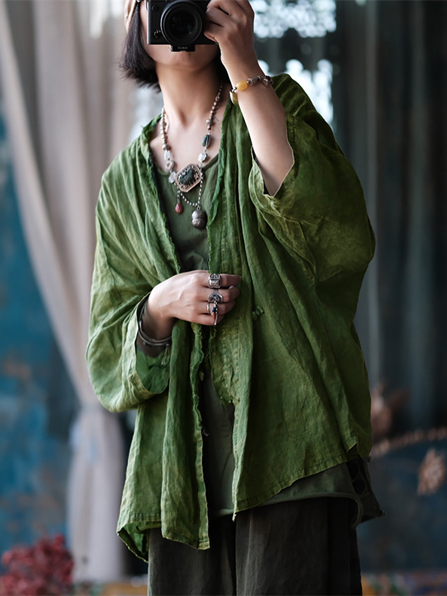 Women Summer Retro Worn Raw-edge Ramie Shirt Coat