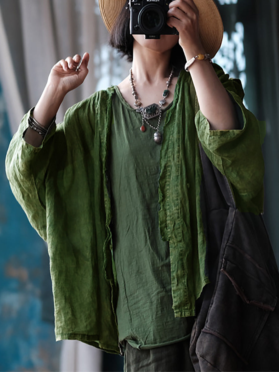 Women Summer Retro Worn Raw-edge Ramie Shirt Coat