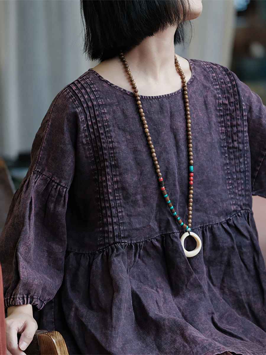 Women Summer Retro O-Neck Shirred Blouse