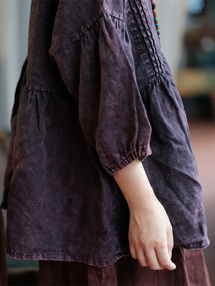 Women Summer Retro O-Neck Shirred Blouse