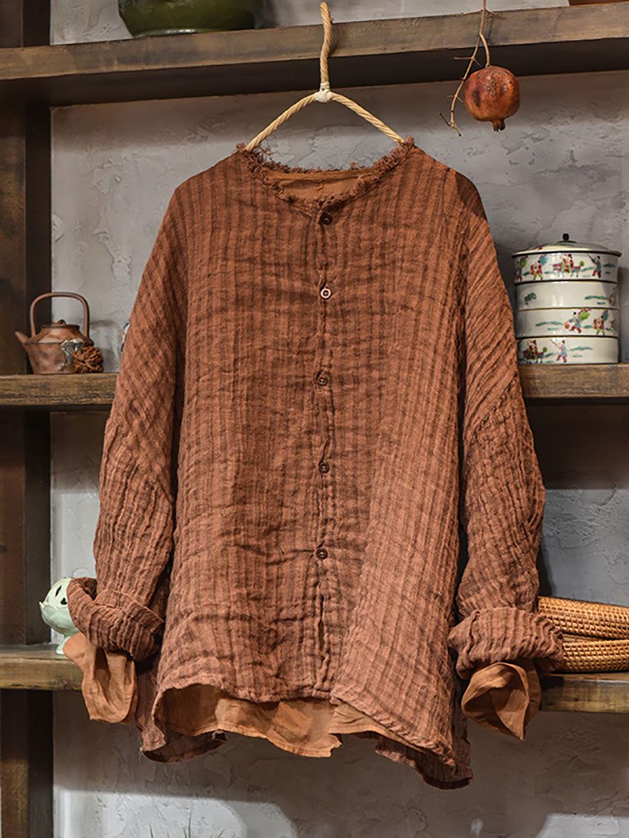 Plus Size Women Autumn Vintage Stripe Raw-edge Linen Shirt