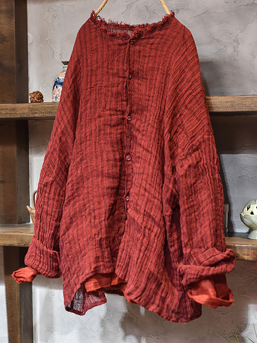 Plus Size Women Autumn Vintage Stripe Raw-edge Linen Shirt
