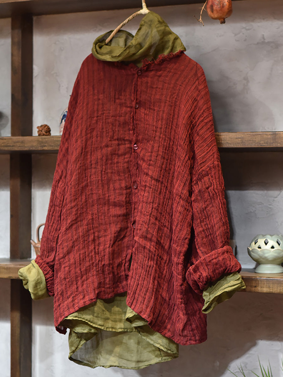Plus Size Women Autumn Vintage Stripe Raw-edge Linen Shirt