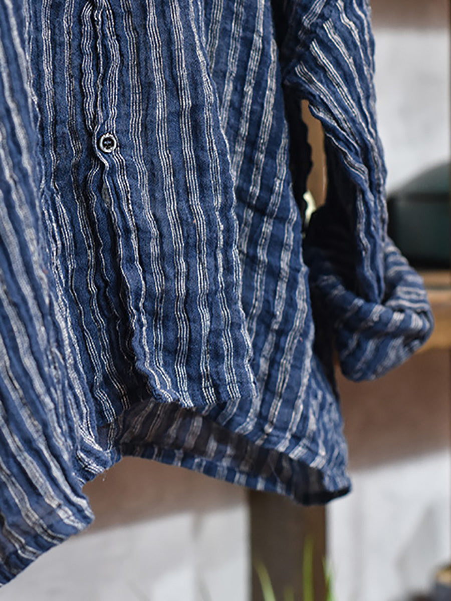 Plus Size Women Autumn Vintage Stripe Raw-edge Linen Shirt