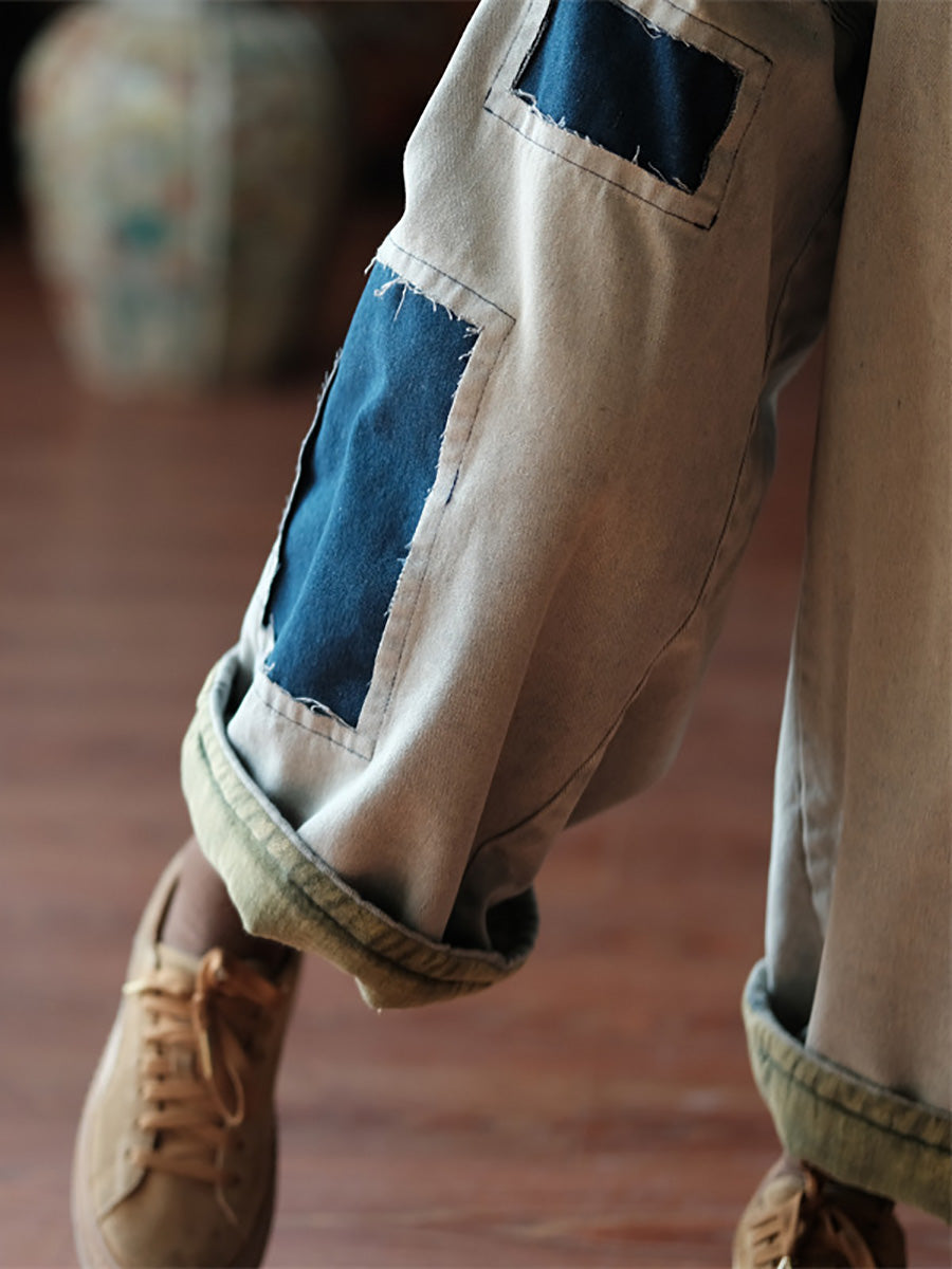 Plus Size Women Vintage Patch Spliced Denim Harem Jeans