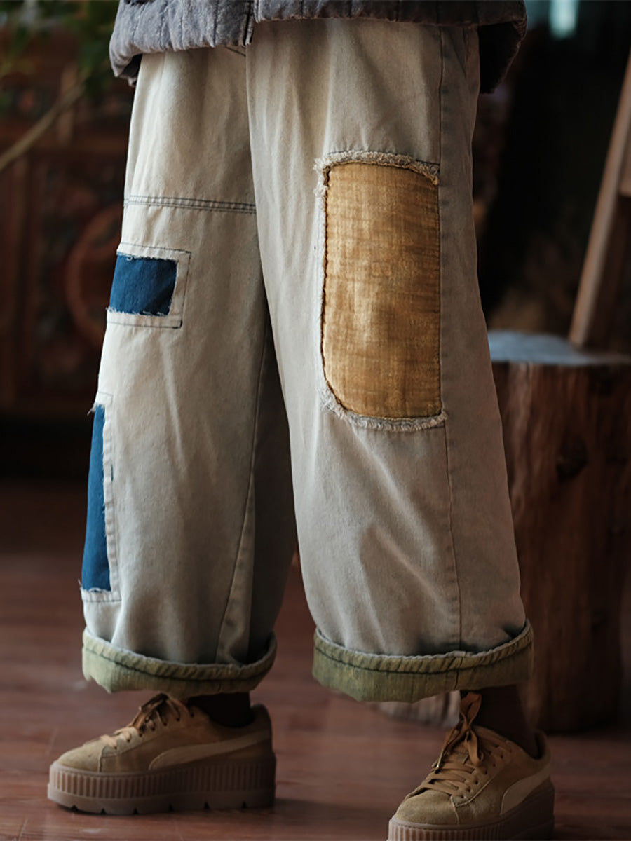 Plus Size Women Vintage Patch Spliced Denim Harem Jeans