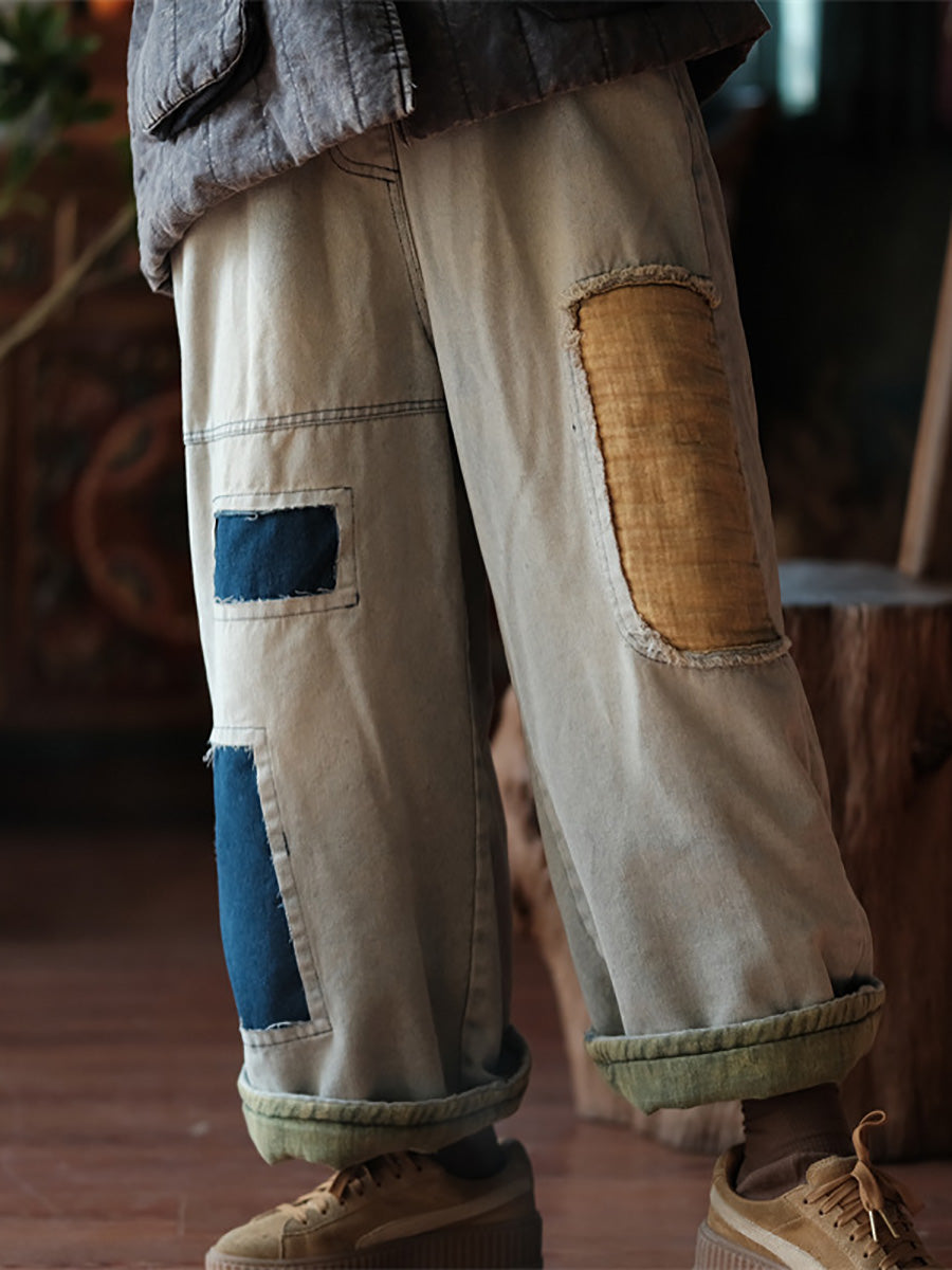 Plus Size Women Vintage Patch Spliced Denim Harem Jeans