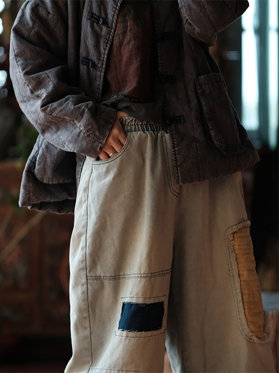 Plus Size Women Vintage Patch Spliced Denim Harem Jeans