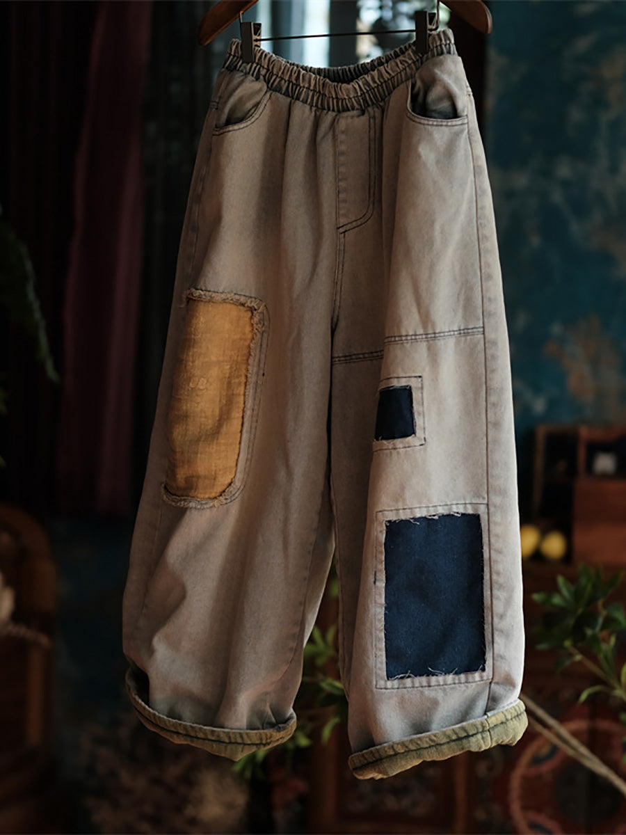 Plus Size Women Vintage Patch Spliced Denim Harem Jeans