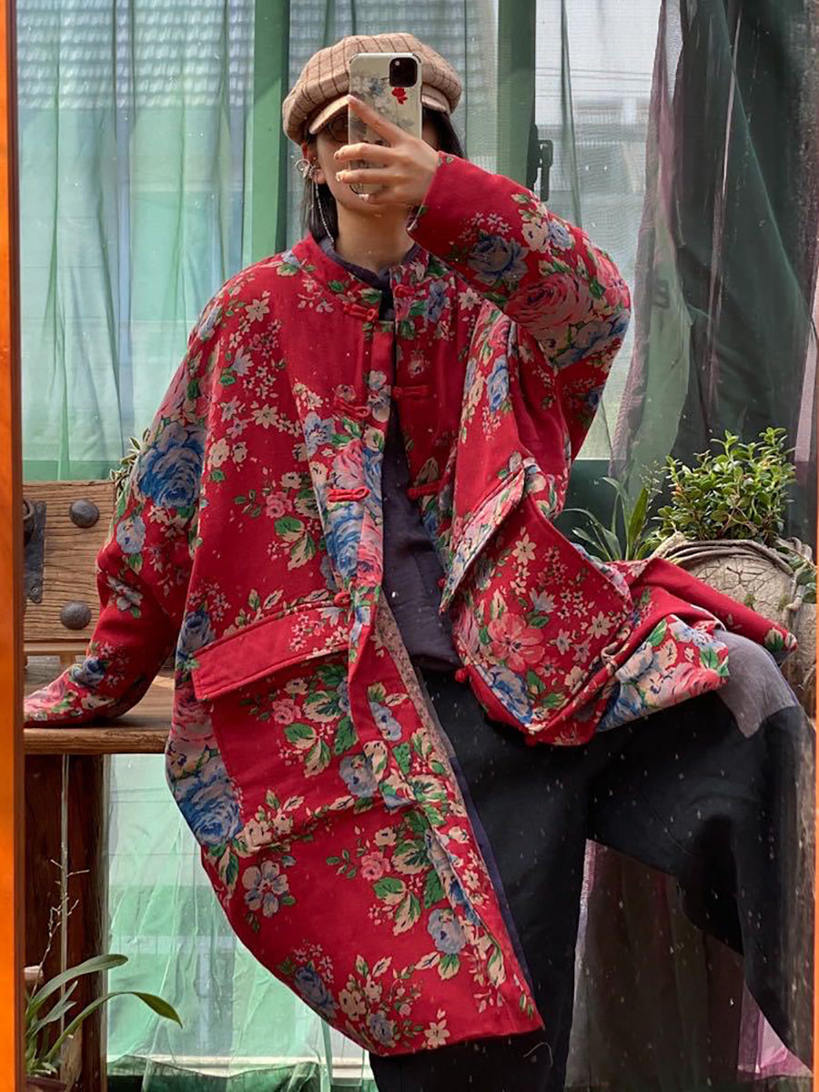 Plus  Size Women Winter Vintage Flower Pocket Button Cotton Coat