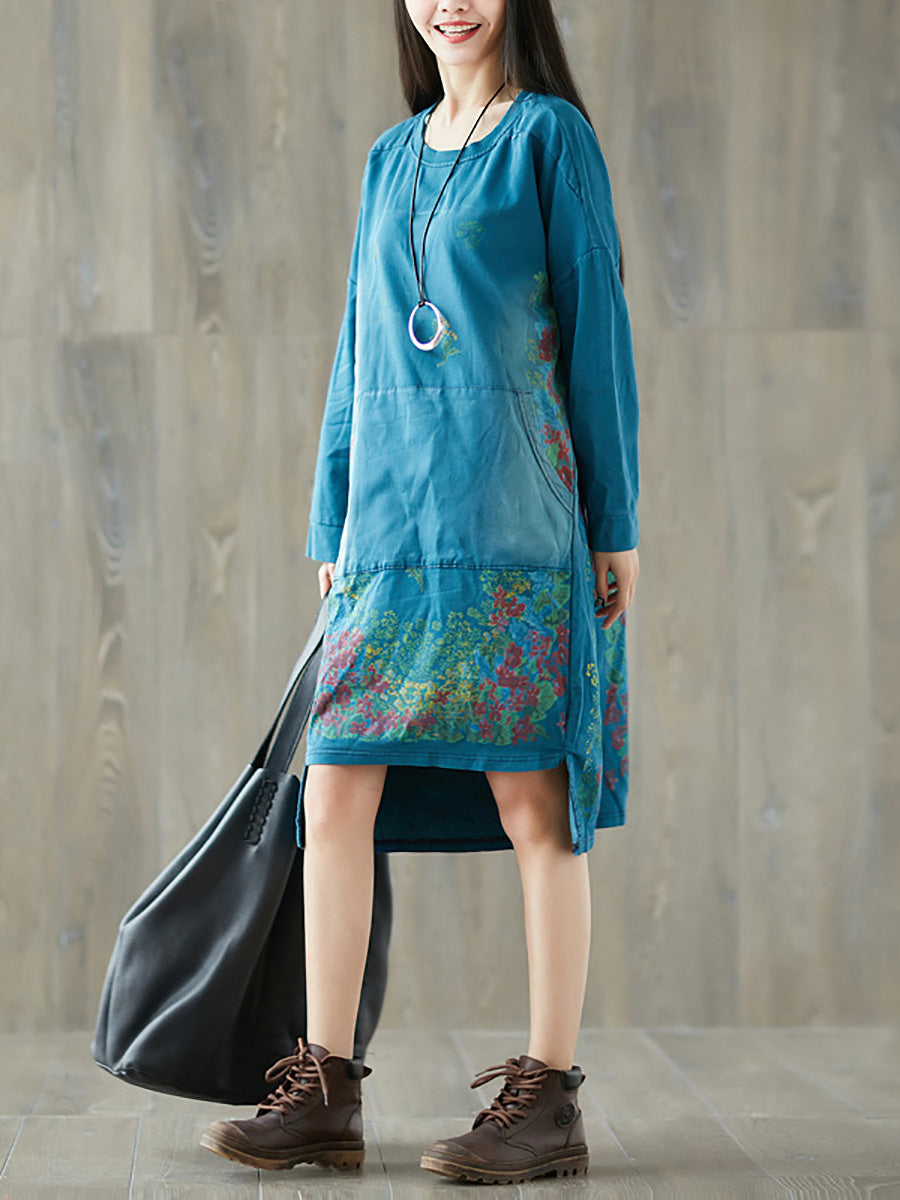 Women Artsy Autumn Flower O-Neck Cotton Dress