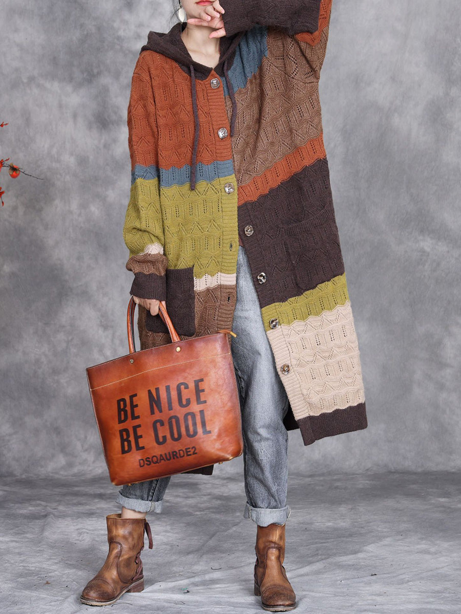 Women Autumn Colorblock Knitted Hooded Sweater Long Coat