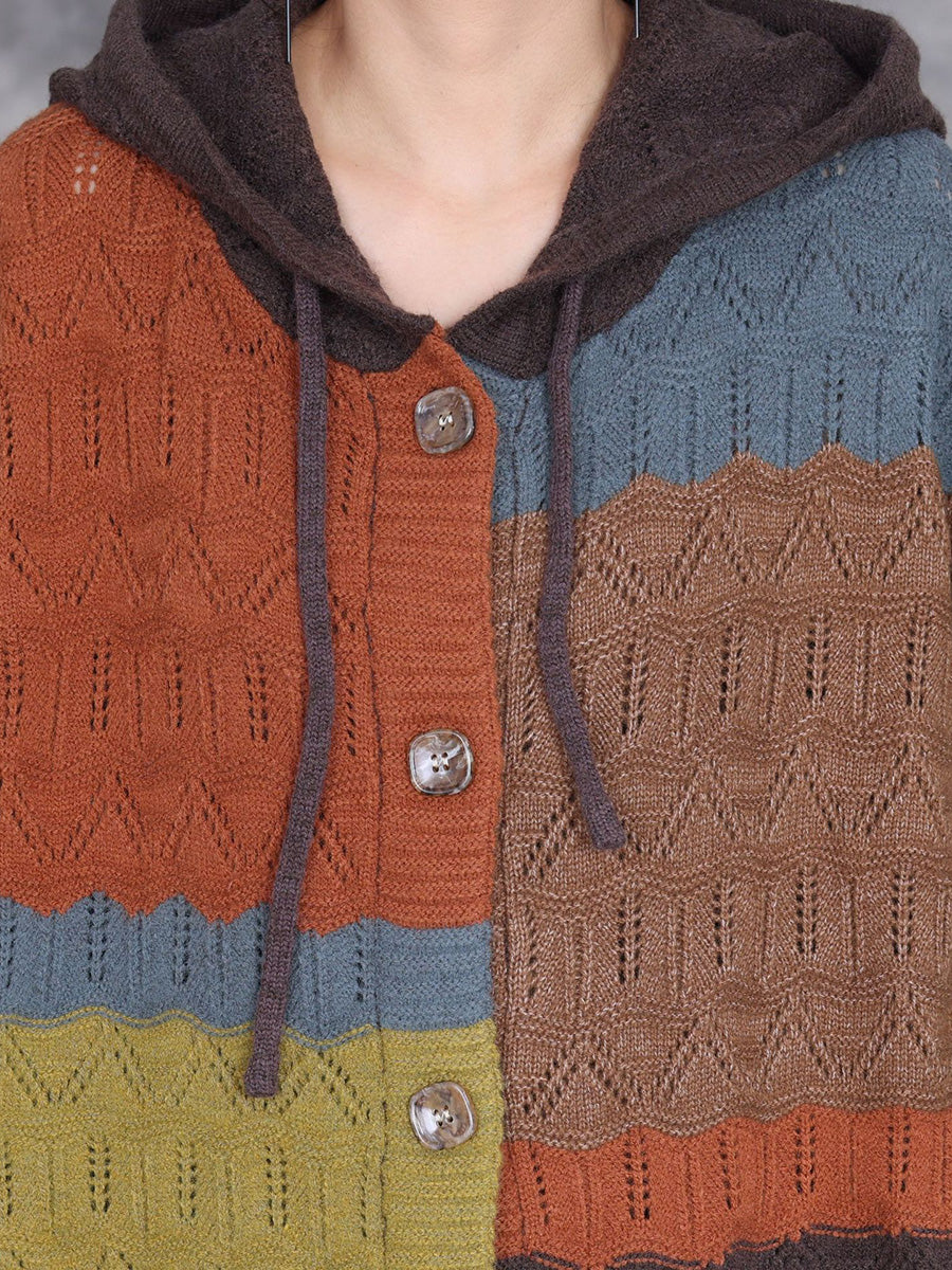 Women Autumn Colorblock Knitted Hooded Sweater Long Coat