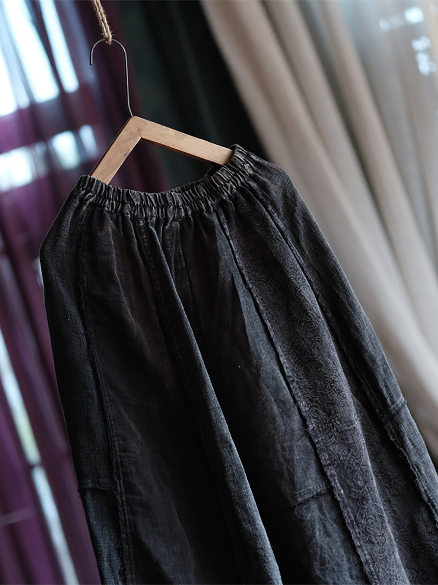 Women Vintage Cotton Spliced Loose Raw-edge Skirt