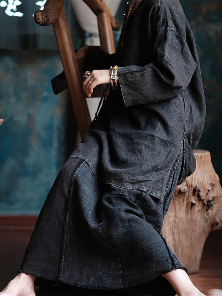 Women Vintage Cotton Spliced Loose Raw-edge Skirt