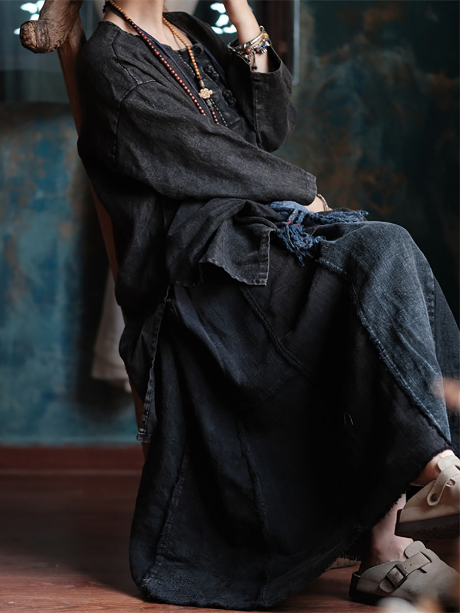 Women Vintage Cotton Spliced Loose Raw-edge Skirt