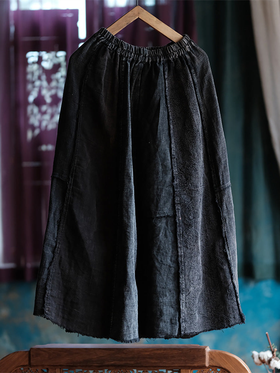Women Vintage Cotton Spliced Loose Raw-edge Skirt