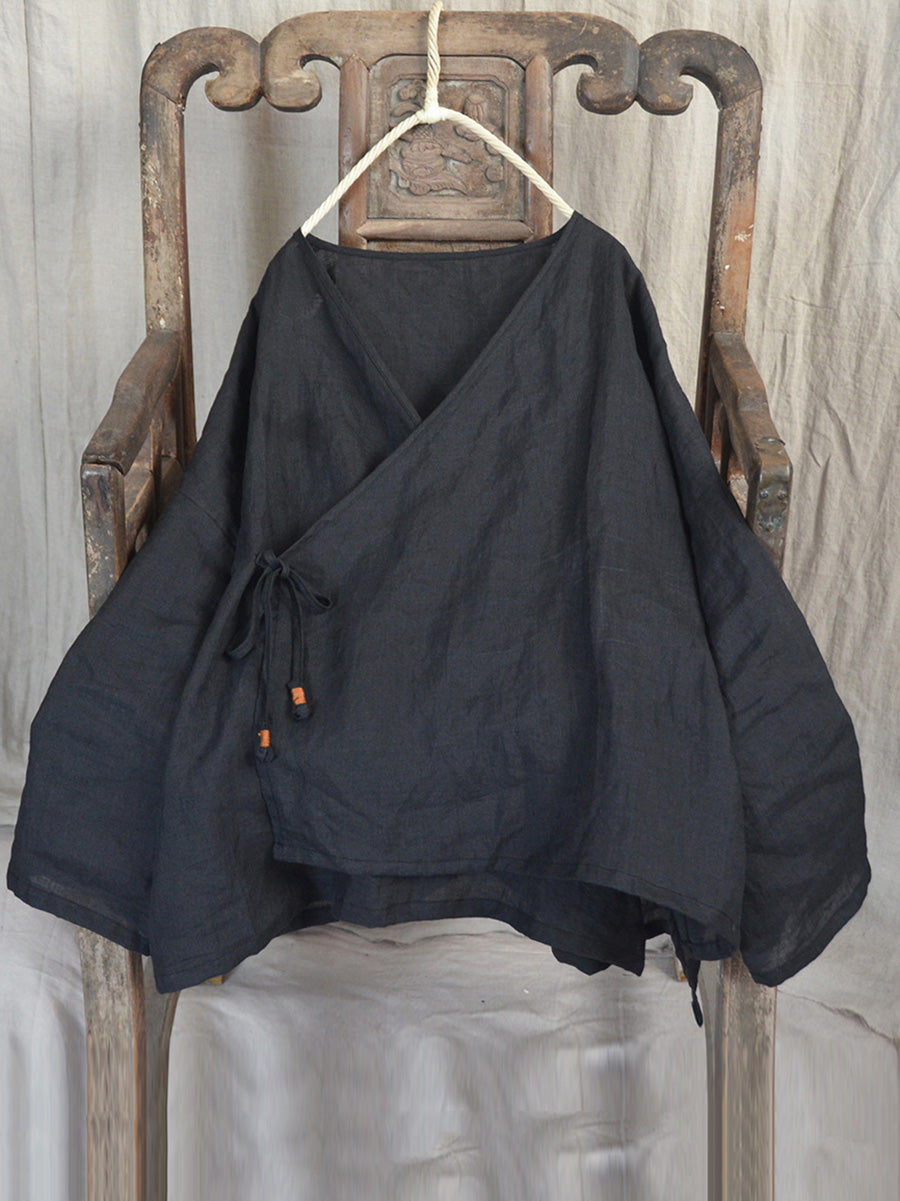 Women Vintage Autumn V-Neck Strap Loose Linen Shirt