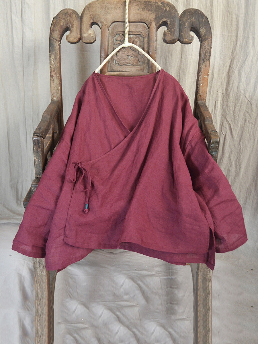 Women Vintage Autumn V-Neck Strap Loose Linen Shirt