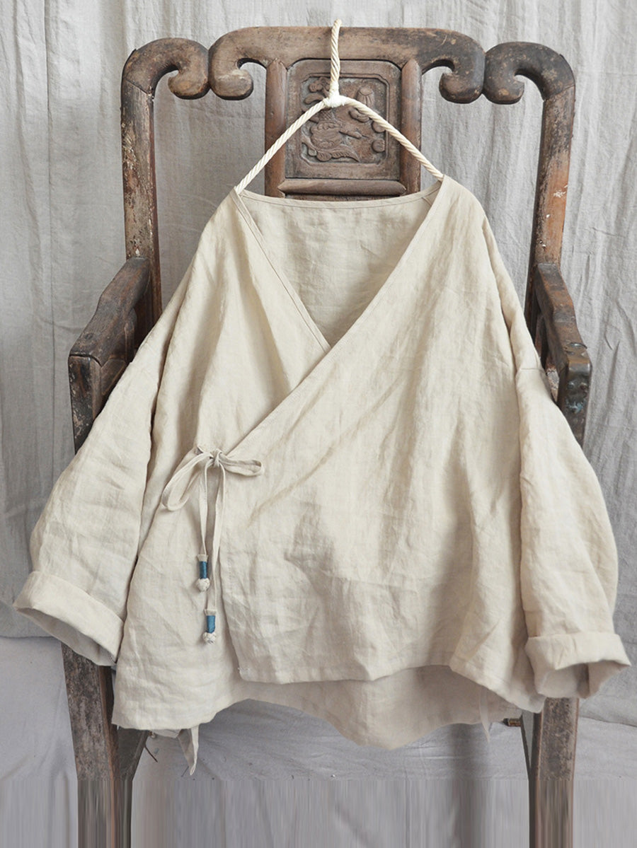 Women Vintage Autumn V-Neck Strap Loose Linen Shirt