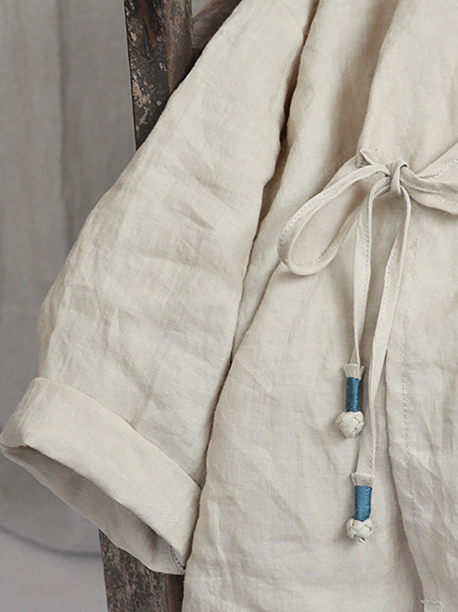 Women Vintage Autumn V-Neck Strap Loose Linen Shirt