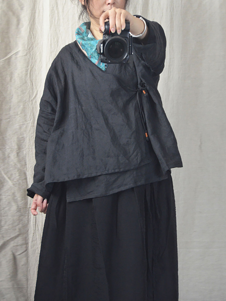 Women Vintage Autumn V-Neck Strap Loose Linen Shirt