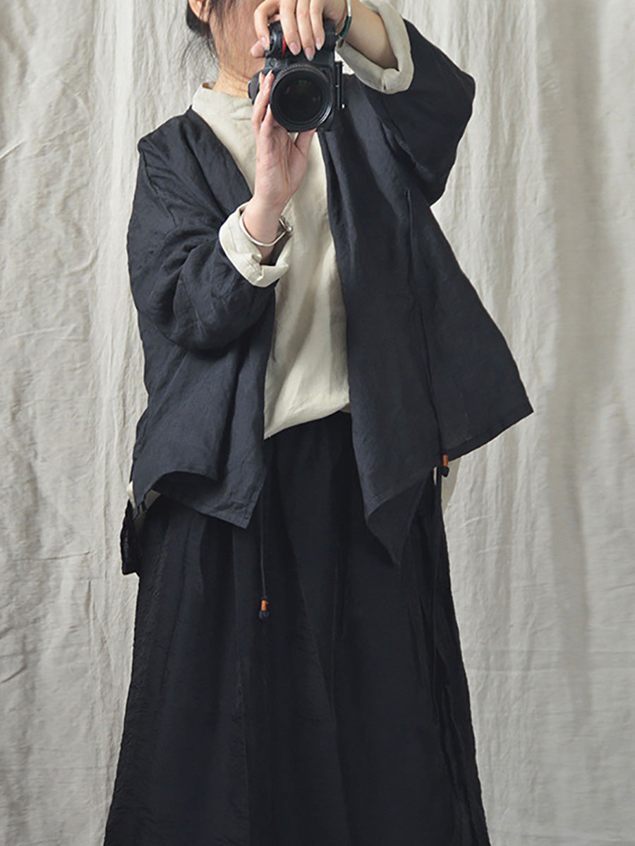 Women Vintage Autumn V-Neck Strap Loose Linen Shirt