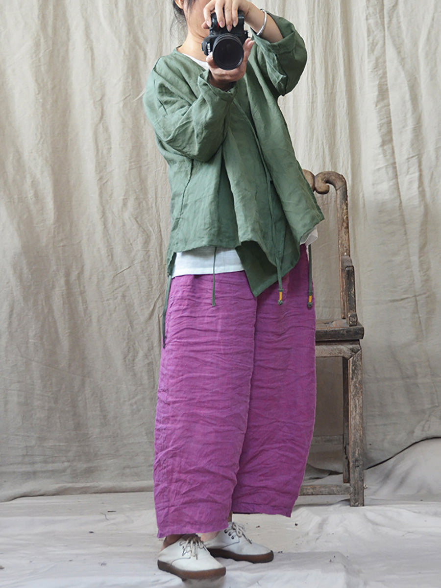 Women Vintage Autumn V-Neck Strap Loose Linen Shirt