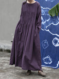 Plus Size Women Autumn Vintage Shirred Cotton O-Neck Dress