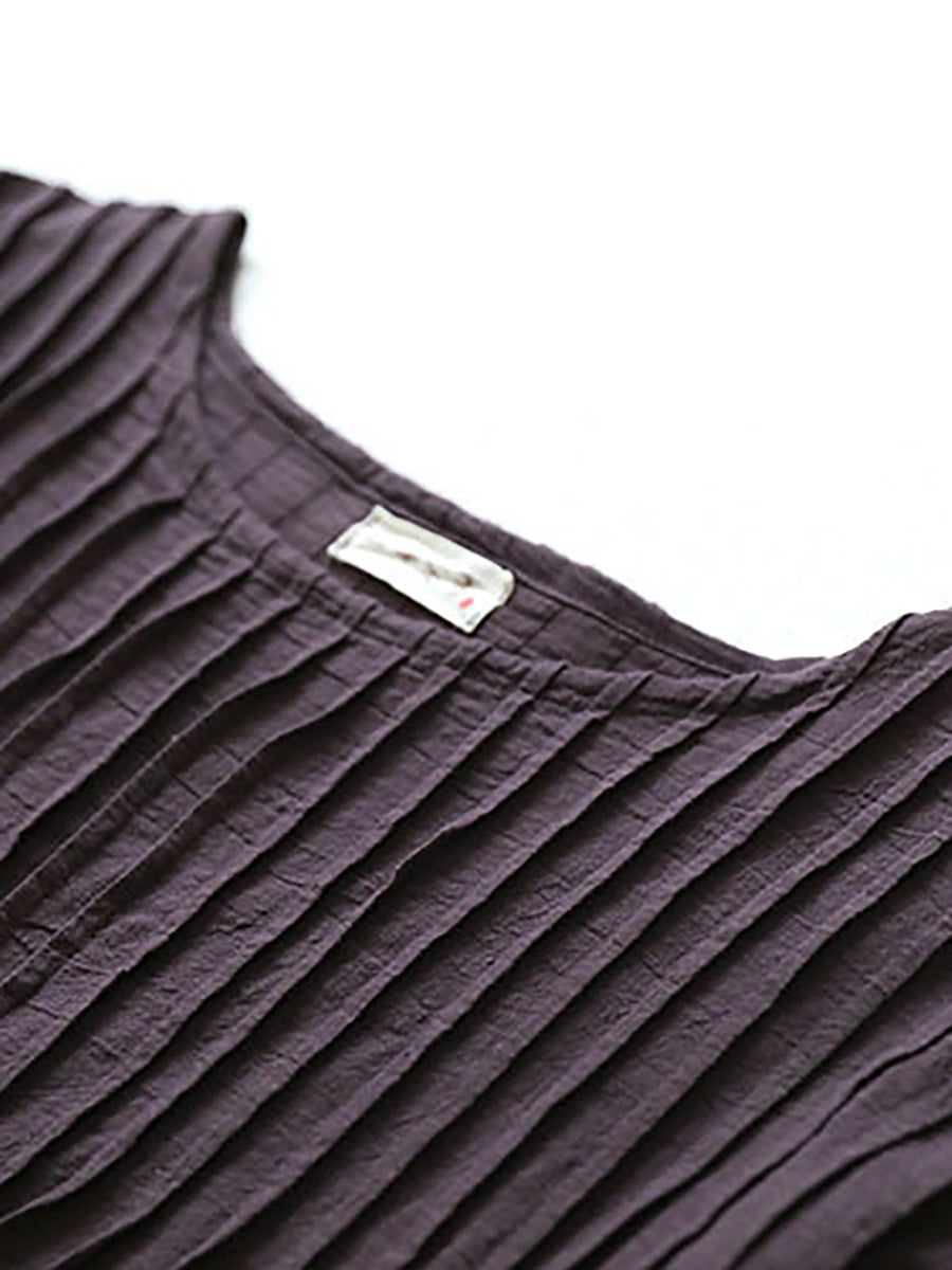 Plus Size Women Autumn Vintage Shirred Cotton O-Neck Dress