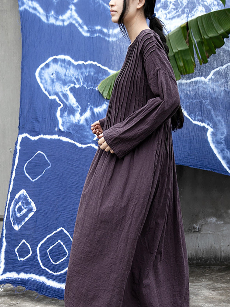 Plus Size Women Autumn Vintage Shirred Cotton O-Neck Dress