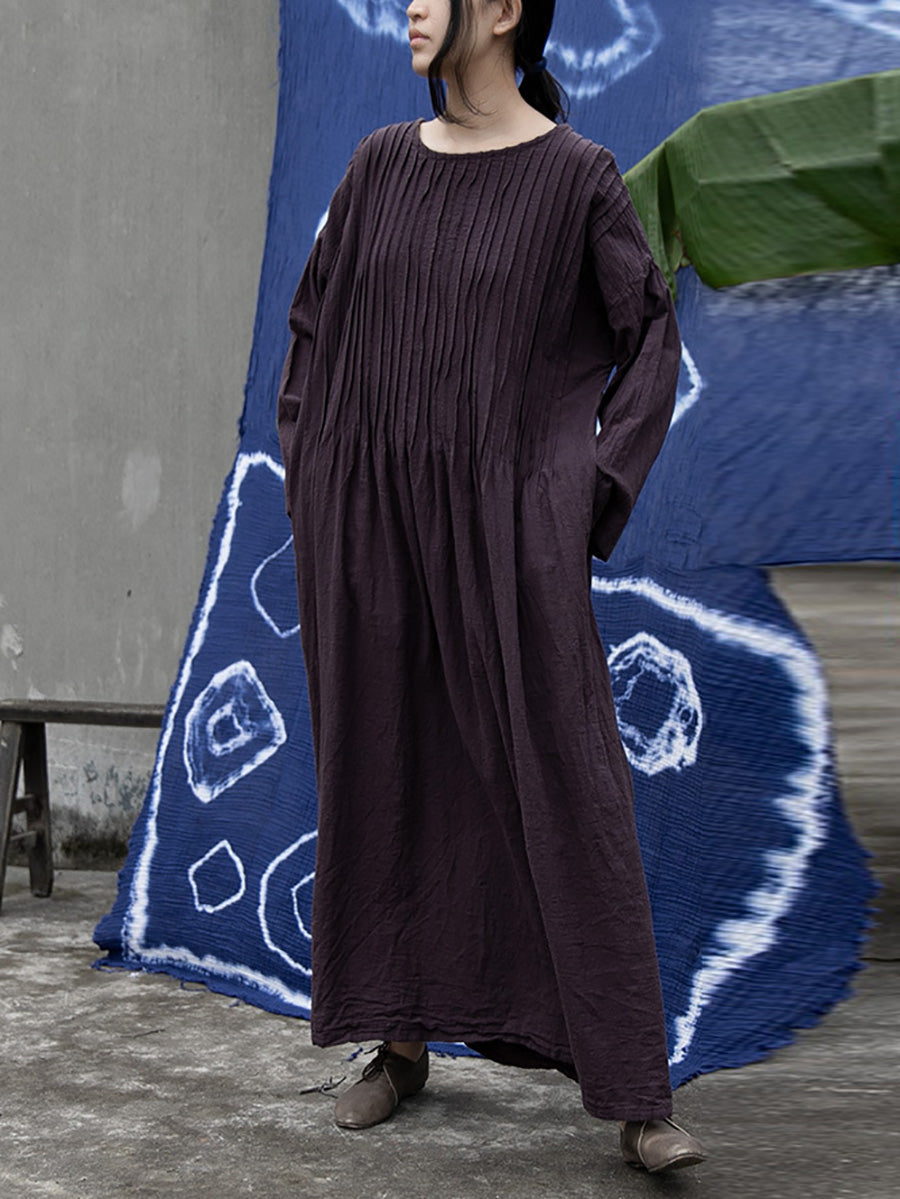 Plus Size Women Autumn Vintage Shirred Cotton O-Neck Dress