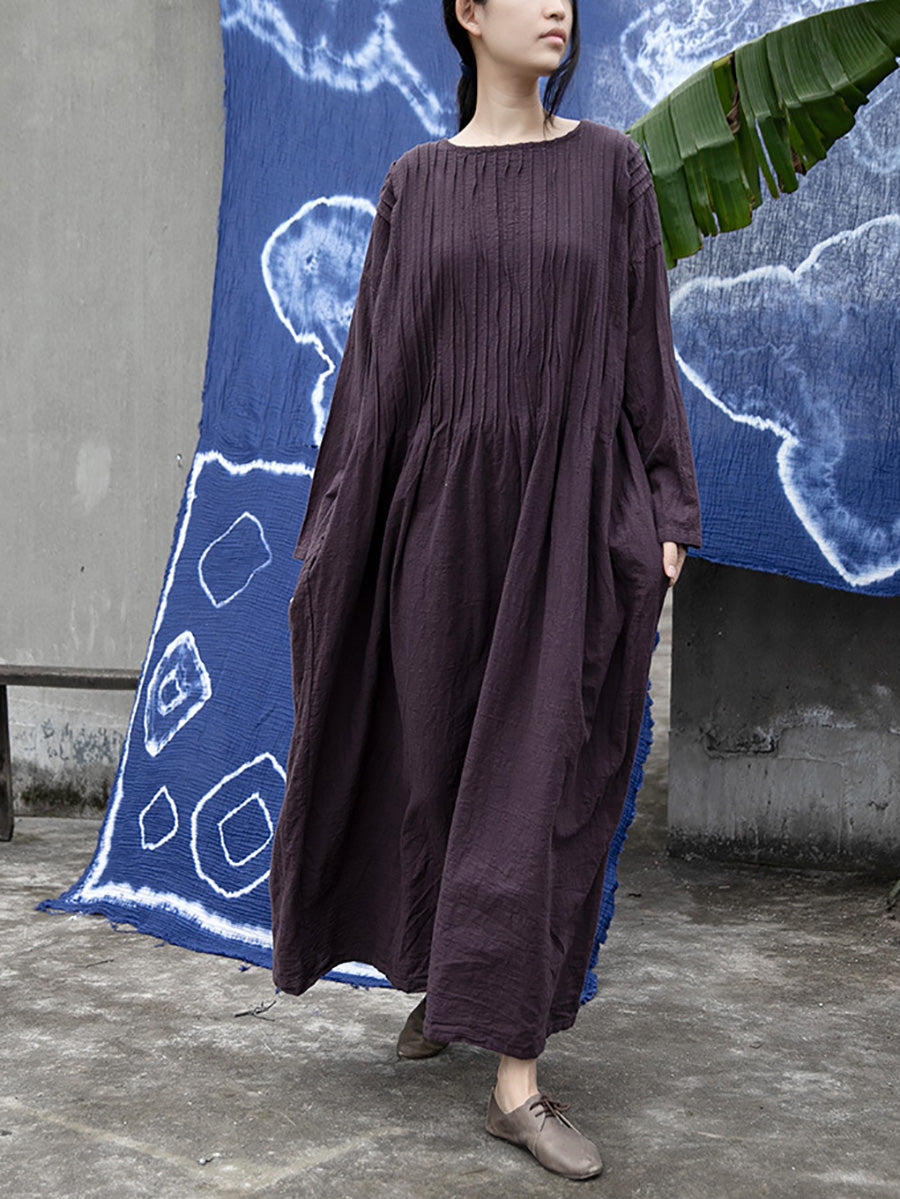 Plus Size Women Autumn Vintage Shirred Cotton O-Neck Dress