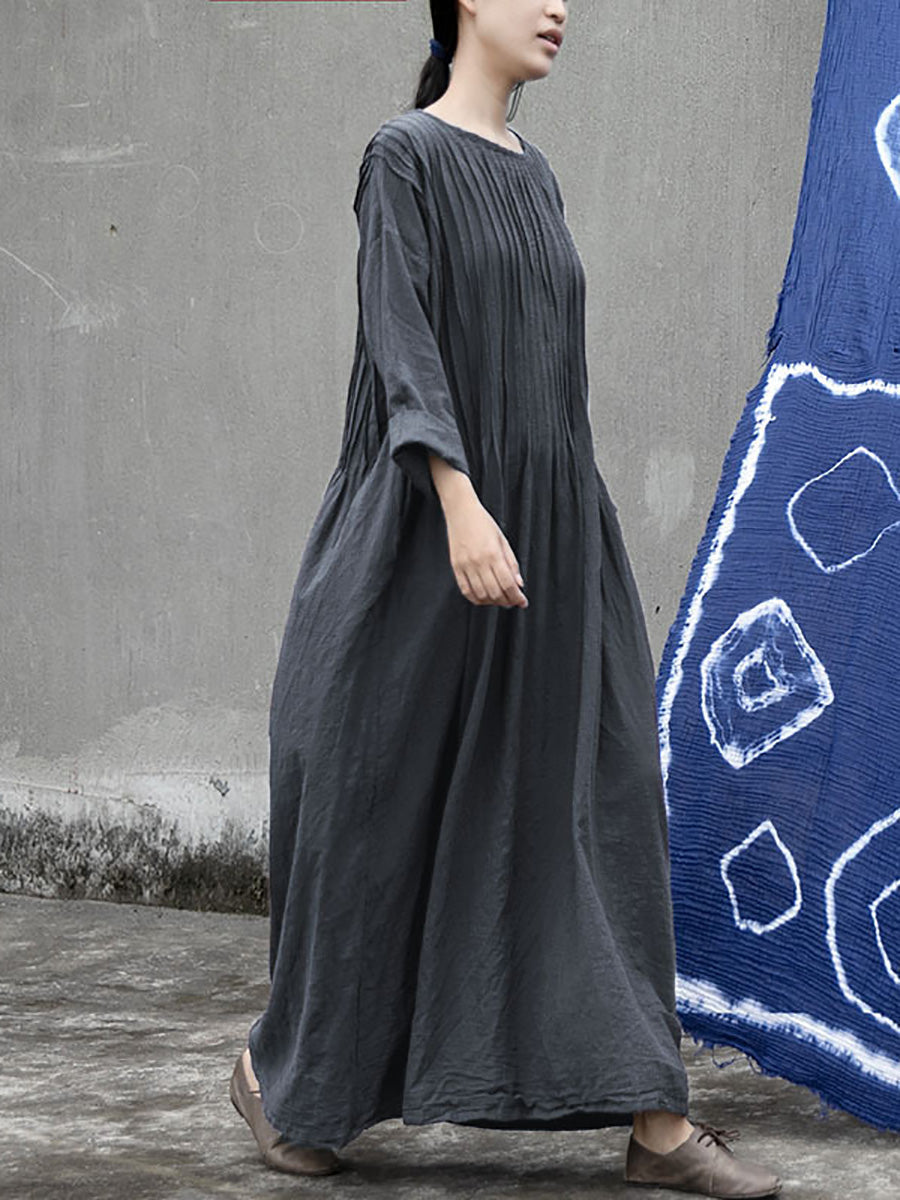 Plus Size Women Autumn Vintage Shirred Cotton O-Neck Dress