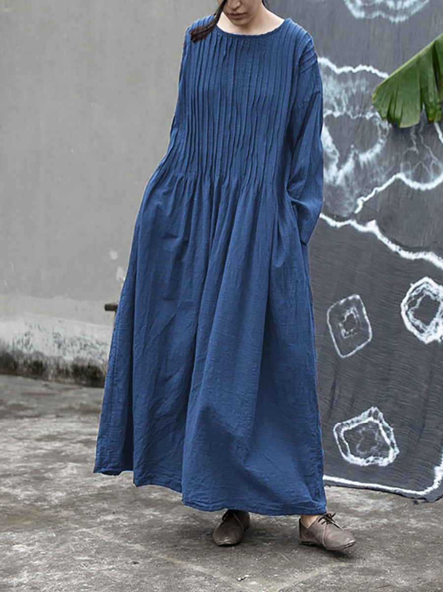 Plus Size Women Autumn Vintage Shirred Cotton O-Neck Dress