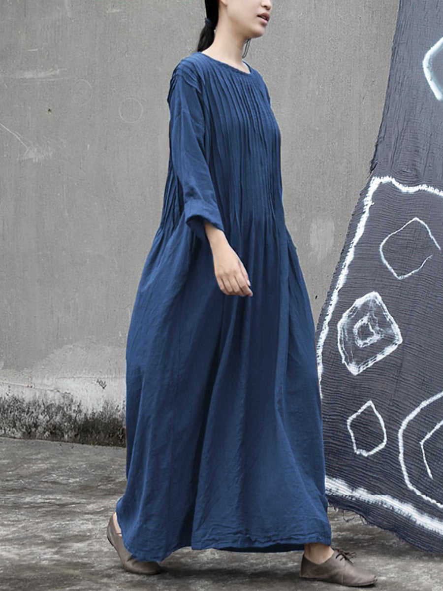 Plus Size Women Autumn Vintage Shirred Cotton O-Neck Dress