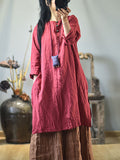 Women Vintage Autumn Solid O-Neck Buckle Dress