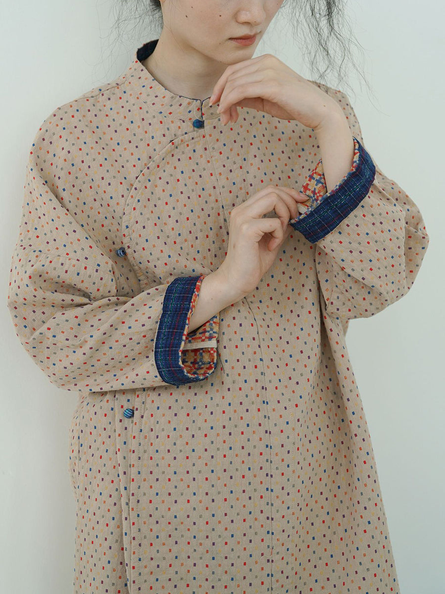 Women Vintage Autumn Dot Irregular Spliced Cotton Long Tunic