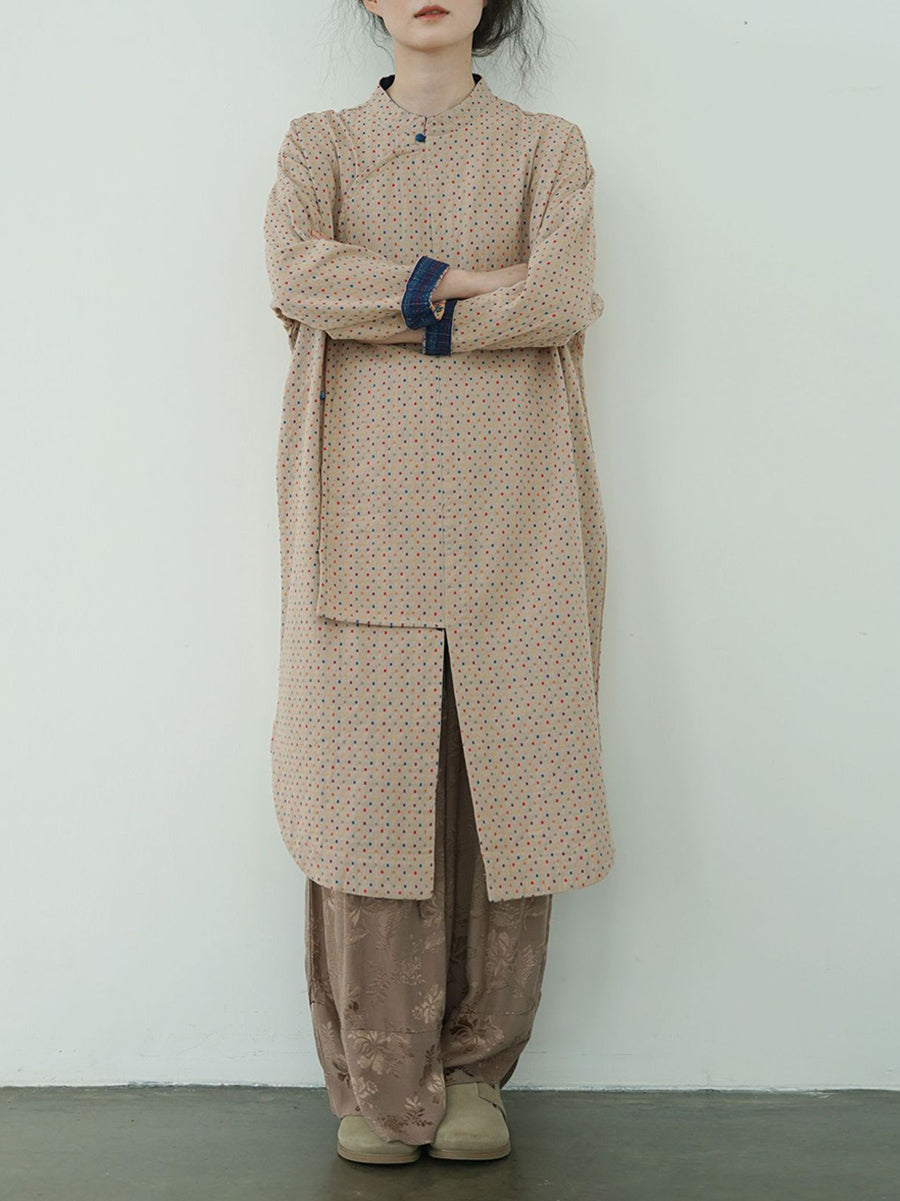 Women Vintage Autumn Dot Irregular Spliced Cotton Long Tunic