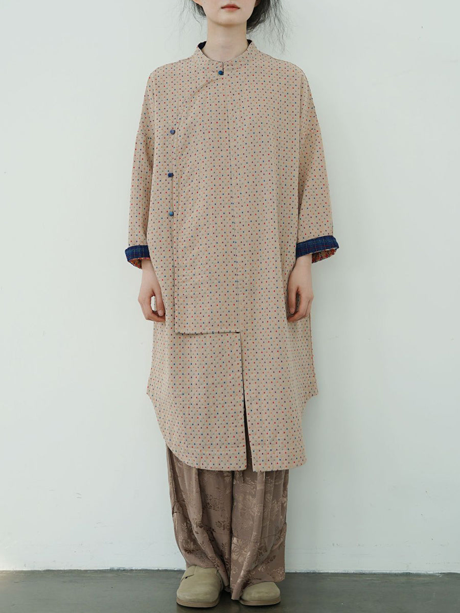 Women Vintage Autumn Dot Irregular Spliced Cotton Long Tunic