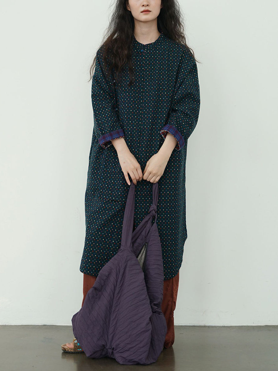 Women Vintage Autumn Dot Irregular Spliced Cotton Long Tunic