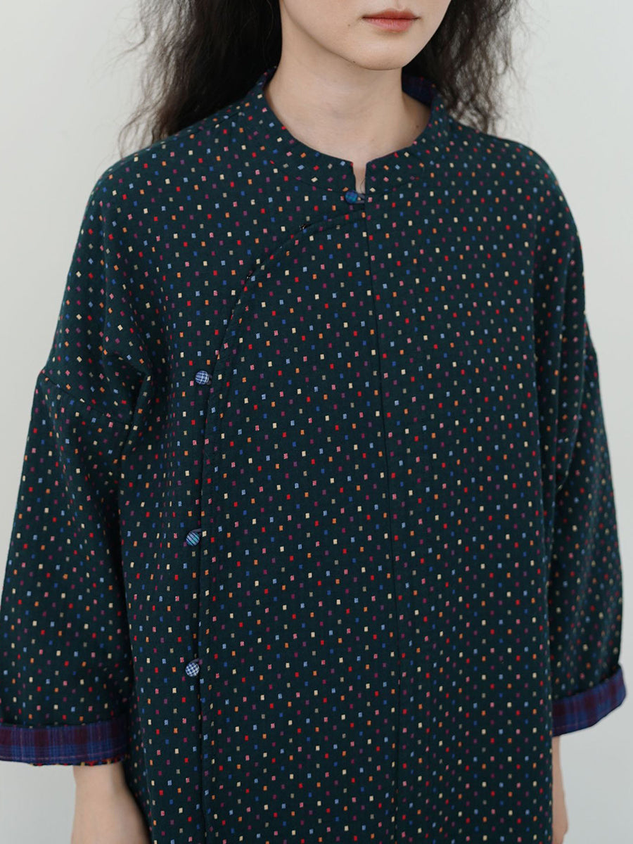 Women Vintage Autumn Dot Irregular Spliced Cotton Long Tunic