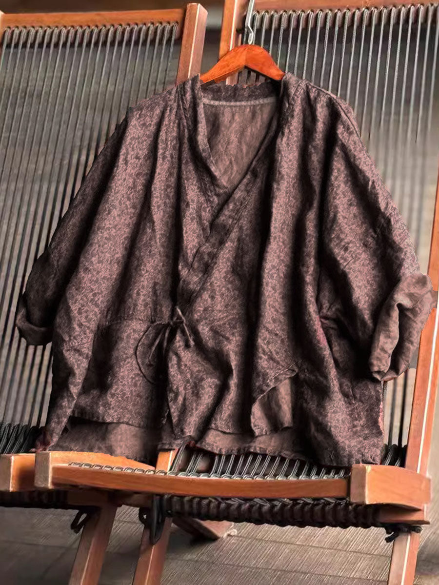 Women Vintage Floral V-Neck Strap Linen Shirt